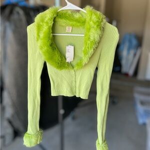 Urban Outfitters Lime Green Faux Fur Trim Cardigan
